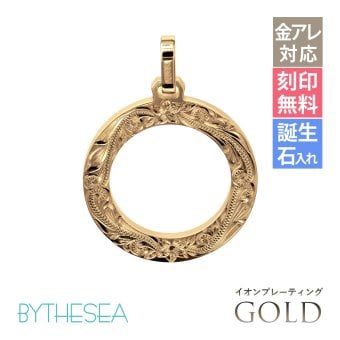 金属アレルギー対応 ペンダントトップ ハワイアンジュエリー 純チタン ゴールドカラー ペンダントトップ 刻印無料 誕生石 サークル チェーン別売り イオンプレーティング メンズ レディース プレゼント ハロウィン 【品番：TIP406-Y】