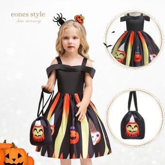 ハロウィン 衣装 子供ドレス 子供用 ハロウィンコスプレ 仮装 魔法使い 可愛い 魔女コスプレ コスチューム ワンピース ミモレ丈 コスプレ衣装 ドレス ハロウィン仮装 オレンジ ブラック カボチャ 女の子 3点セット 110 120 130 140 (WS015)