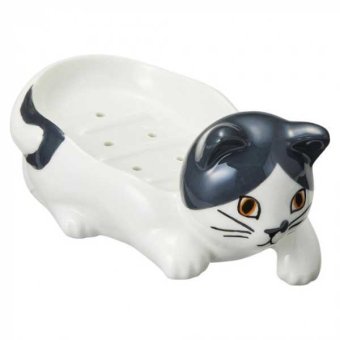 ソープディッシュ ハチワレ 磁器製 石鹸置き おしゃれ かわいい 水切り 猫グッズ 猫雑貨 洗面所 バスグッズ 白黒 猫柄 ギフト プレゼント セトクラフト