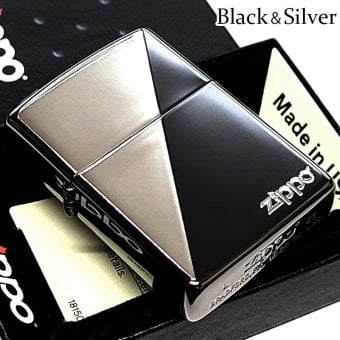 ZIPPO ライター かっこいい ブラック＆シルバー ジッポ ロゴ エッチング彫刻 銀差し ギフト 黒 銀 メンズ おしゃれ プレゼント