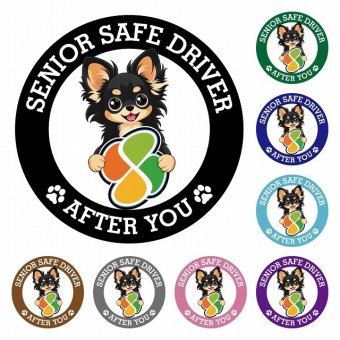 カーサイン 高齢者マーク SENIOR SAFE DRIVER ロングコートチワワ ステッカー シール 直径13cm 肉球 日本製 車