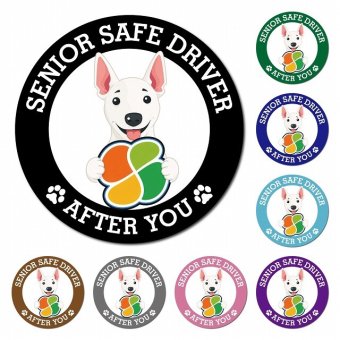カーサイン 高齢者マーク SENIOR SAFE DRIVER ミニチュアブルテリア マグネット 強力 直径13cm 肉球 日本製 車 ステッカー