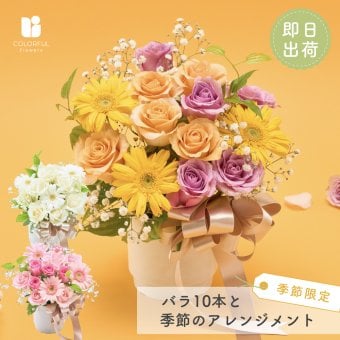 バラ10本と季節花のお祝いアレンジメント  生花 花市場から直送 アレンジメント 豪華 バラ ガーベラ カーネーション　ひまわり  季節限定　お祝い お誕生日 かわいい おしゃれ ギフト プレゼント 即日発送 手提げ付けられます メッセージカード無料