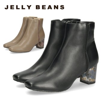 ジェリービーンズ ショートブーツ レディース サイドジップ クリアヒール スクエアトゥ フラワー 太ヒール ６cmヒール JELLYBEANS 204-66124 ブラック 黒 ベージュ