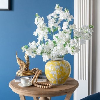 シノワズリ 花びん 丸型 高さ23cm イエロー 磁器 フラワーベース 花瓶 花器 ディスプレイ 置物 風水 開運