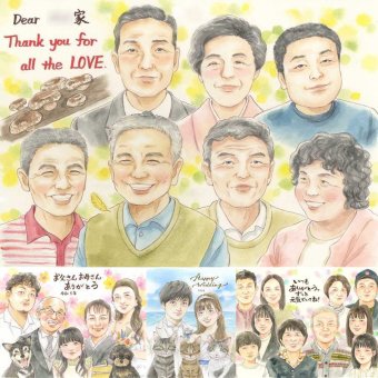 記念日のギフトに、プレゼントにぴったりの似顔絵です。下書き確認ができるので、安心して贈れます。 似顔絵 ギフト 家族 贈り物 手描き 名入れ プレゼント 記念日 記念 感謝 お祝い 誕生日 大人数 おばあちゃん 両親 お父さん おじいちゃん 家族 名入れ 修正無料 下書き確認 かわいい 親孝行 実績多数 似てる 感謝 一生もの 家族 お祝い返し 感謝の品 感激 ハロウィン ウェディングギフト