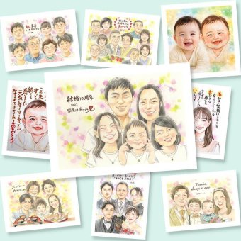 結婚10周年のお祝いに、感謝が自然に伝わる似顔絵です。 結婚10周年 ギフト 似顔絵 贈り物 手描き プレゼント 名入れ 結婚10周年 記念 周年記念 お祝い 大人数 家族 夫婦 ご両親 名入れ 修正無料 下書き確認 かわいい 喜ばれる 似てる 一生もの 一生もの 10周年 宝物 記念日 感謝 色紙 イラスト オリジナル 披露宴 感謝の品 長寿祝い ホワイトデー ブライダルギフト 古希祝い