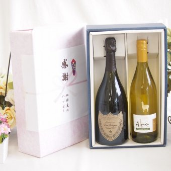 感謝の贈り物ボックス ドンペリ極上の泡と、芳醇な時間2本セット(サンタヘレナ アルパカ シャルドネ セミヨン白ワイン12.5度(チリ) 正規ドンペリニヨン白ワイン12.5度(フランス)) 750ml×2本