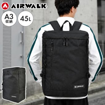 リュック Airwalk エアウォーク バックパック メンズ レディース 45L 大容量 リュックサック 大きい ボックス型 スクエア型 A4 A3 PC 収納 ポケット 部活 出張 旅行 通勤 通学 修学旅行 林間学校 2泊 3泊 アウトドア スポーツ ブランド シンプル 高校生 無地 黒 ブラック