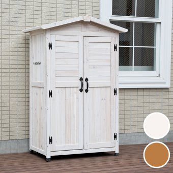 照明 ライト 天然木三角屋根収納庫 屋外物置 木製収納庫 ガーデン収納庫 おしゃれ 組立式 DIY ガーデニング用品 収納 棚付き ベランダ 庭 玄関 外収納 幅約106cm 奥行約69cm 高さ約160cm ブラウン ホワイト 新生活
