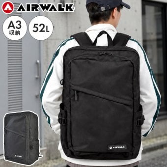 リュック Airwalk エアウォーク バックパック メンズ レディース 52L 大容量 リュックサック 大きい ボックス型 スクエア型 A4 A3 PC 収納 ポケット 部活 出張 旅行 通勤 通学 修学旅行 林間学校 3泊 4泊 アウトドア スポーツ ブランド シンプル 高校生 無地 黒 ブラック