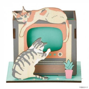 ペンスタンド 木製 パズル 猫 テレビ型 デスク収納 おしゃれ 卓上 小物入れ 組立式 インテリア 雑貨 文房具 収納 可愛い プレゼント ギフト セトクラフト