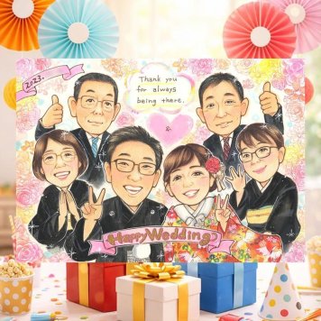 結婚式のお祝いに、似顔絵という形に残る贈り物を。 似顔絵 結婚祝い 贈り物 ギフト 名入れ 手描き プレゼント 結婚式 感謝 披露宴 お祝い サンクスボード 大人数 新郎新婦 同僚 友達 職場 下書き確認 名入れ 修正無料 似てる 喜ばれる かわいい サプライズ 入籍 新郎新婦ギフト 宝物 サンクスボード 婚礼 カラフル お祝いの品 オーダーメイド 感動 イラスト 記念日 感謝の品