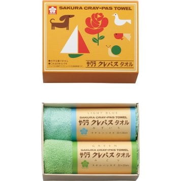 【直送】サクラクレパス クレパスタオル タオルハンカチ 2枚セット ブルー [26-0143-058] CR23100 綿100% タオルギフト かわいい クレパス風パッケージ コラボ ギフト 内祝い 出産祝い 結婚祝い 快気祝い プレゼント