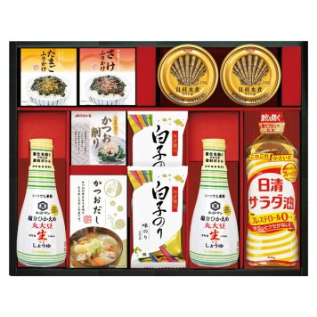 実りの秋の贈り物 キッコーマン塩分ひかえめ生しょうゆ詰合せギフト キッコーマン塩分ひかえめ丸大豆生しょうゆ（200ml）･宝幸貝柱水煮ほぐし身（65g）･白子のり味のり（8切5枚）×各2、日清サラダ油（400g）･かね七かつおだし（4g×5）･丸美屋（たまごふりかけ･さけ