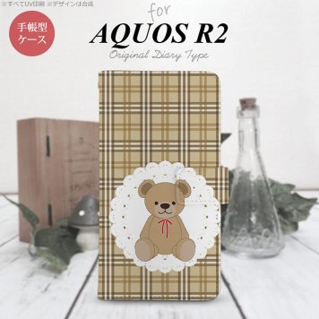 SH-03K/SHV42/706SH AQUOS R2 手帳型スマホケース カバー くま チェック レース 茶  nk-004s-r2-dr753