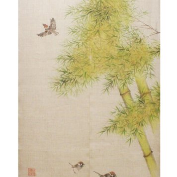 暖簾 のれん 麻100％ 手描きのれん 竹に雀 UN-r-30 88×150cm 日本製  のれん パーテーション　カーテン間仕切りロング 夏麻 おしゃれ 目隠し