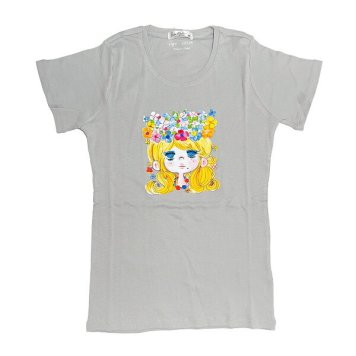 水森亜土 お花の少女柄 オーガニックコットン半袖Tシャツ(L) グレー アパレル