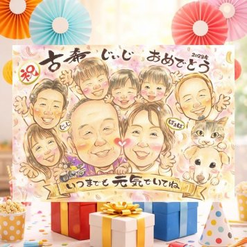 古希のプレゼントに、贈った後の反応までうれしい似顔絵です。修正無料で、納得しながら進められます。 似顔絵 古希 ギフト プレゼント 名入れ 手描き 贈り物 古希 長寿 傘寿 記念 大人数 祖父母 おじいちゃん おばあちゃん 下書き確認 修正無料 名入れ 宝物 かわいい サプライズ 一生もの 一生もの 70歳 長寿祝い 古希 感激 カラフル 家族 贈答品 オリジナル 節目 白寿祝い