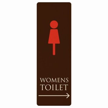 トイレ プレート 木製 WOMENS ブラウン＆カラー 右 矢印 長方形 縦書き 9x27cm 方向案内 進路ドア サインステッカー ピクトサイン トイレマーク表示 案内 注意 施設 御手洗 TOILET おしゃれ シンプル 安全対策
