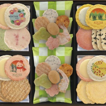 冬の贈物お歳暮海老の多の詩 海老菓子本舗 志ま秀 えび柚子胡椒・ふた焼ごま×各5、えびのだんらん・のりえびせん・赤紅色のえびせんべい×各4、紅白せんべいチーズサンド×3、カマンベール＆ブラックペッパー・えび小笹・紅生姜えびせんべい×各1