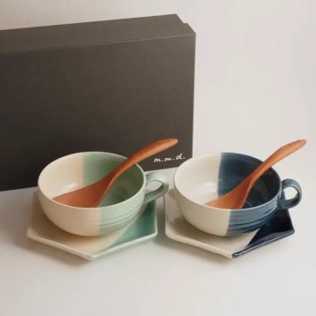 rokurome スープカップ・取皿・れんげスプーンペアセット / true colors line / ギフトボックス＆熨斗付き / 瀬戸焼 食器・プレート【送料無料（北海道・沖縄を除く）】