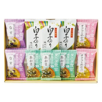 夏の贈り物お中元 タニタ食堂監修減塩みそ汁･白子のり詰合せ タニタ食堂監修減塩みそ汁（あおさ）･白子のり味のり（8切5枚）×各3、タニタ食堂監修減塩みそ汁（なす･オクラとめかぶ）×各2
