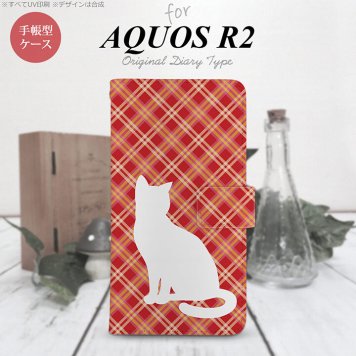SH-03K/SHV42/706SH AQUOS R2 手帳型スマホケース カバー 猫 バイアスチェック 赤  nk-004s-r2-dr951