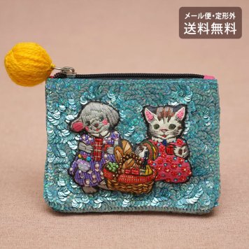 タマオワールド スパンコール刺繍ポーチ Picnic POC3667 ネコポス 送料無料 ポーチ 小物入れ 猫 ネコ ねこ レディース 刺繍 ファスナー スパンコール キーケース ハナカラクサ