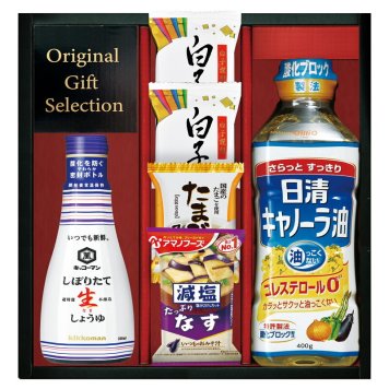 夏の贈り物お中元 千寿和膳日清オイリオ･キッコーマン･アマノフーズ詰合せ 白子のり味のり（8切5枚）×2、日清キャノーラ油ペット（400g）･キッコーマンしぼりたて生しょうゆ（200ml）･アマノフーズ減塩いつものおみそ汁（なす）（9g）･たまごスープ（6.4g）×各1