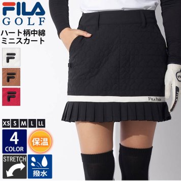 FILAGOLF フィラゴルフ ゴルフウェア 中綿スカート レディース ハート柄 裾プリーツ 撥水 防水 ストレッチ 伸縮性 保温 スポーツブランド 秋 冬 ロゴ 刺繍 キルト 4ポケット Dカン付き ミニ丈 ミニスカ おしゃれ きれいめ 細見え 脚長効果 黒 白 2024fw