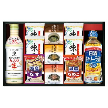 実りの秋の贈り物 キッコーマン&アマノフーズ&日清オイリオ バラエティセット 有明海産味のり（8切5枚）×4、キッコーマン塩分ひかえめ丸大豆生しょうゆ（450ml）･日清キャノーラ油（400g）･アマノフーズ減塩いつものおみそ汁なす（9g）･アマノフーズ減塩いつものおみそ