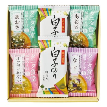 夏の贈り物お中元 タニタ食堂監修減塩みそ汁･白子のり詰合せ タニタ食堂監修減塩みそ汁（あおさ）･白子のり味のり（8切5枚）×各2、タニタ食堂監修減塩みそ汁（なす･オクラとめかぶ）×各1