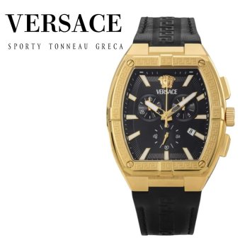 ヴェルサーチェ 腕時計 メンズ ゴールド ブラック クロノグラフ 44mm VERSACE SPORTY TONNEAU GRECA スポーティ トノー グレカ 黒 レザー 革ベルト スイス製 高級 ブランド おしゃれ プレゼント ギフト 卒業 入学 お祝い