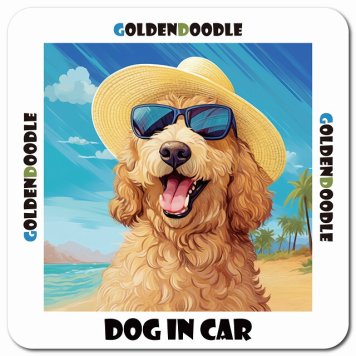 名入れ可 海 麦わら帽子 サングラス 夏 Goldendoodle ゴールデンドゥードル カーサイン 車 マグネットステッカー 犬 マグネット 強力 13x13cm 正方形ドラレコステッカー 安全対策 危険運転 煽り運転 アニマル 動物 犬種別 屋外 防水 屋内