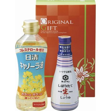 冬の贈り物ご挨拶  カンフォータブル 日清キャノーラ油（350g）・キッコーマンしぼりたて生しょうゆ（200ml）×各1