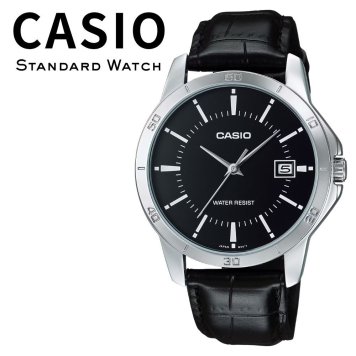 箱なし カシオ 腕時計 メンズ CASIO ブラック シルバー レザー 革ベルト 海外モデル 逆輸入 カレンダー 日付 薄型 シンプル ビジネス 仕事 通勤 就職祝い 誕生日 父の日 プレゼント ギフト 成人 卒業 入学
