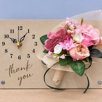 ◆花時計 【Wood Clock ウッドクロック・横型タイプA(時計左)・ホワイト/ピンク/ブルー/パープル/イエロー 】掛け時計・置時計 ハンドメイド 文字入れ・変更可能