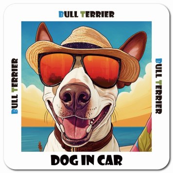 名入れ可 海 麦わら帽子 サングラス 夏 Bull Terrier ブルテリア カーサイン 車 マグネットステッカー 犬 マグネット 強力 13x13cm 正方形ドラレコステッカー 安全対策 危険運転 煽り運転 アニマル 動物 犬種別 屋外 防水 屋内