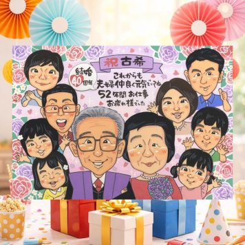誕生日のお祝いに、記念に似顔絵を贈りませんか。 贈り物 古希祝い 似顔絵 名入れ ギフト 手描き プレゼント 誕生日 長寿 敬老の日 記念日 お祝い 大人数 家族 ご両親 祖父母 名入れ 下書き確認 修正無料 親孝行 喜ばれる 似てる 一生もの 宝物 70歳 傘寿 古希祝い 大量注文 キレイ 感動 贈答品 カラフル 長寿祝い お祝いの品 ブライダルギフト おすすめ 傘寿祝い 初任給 結婚祝い
