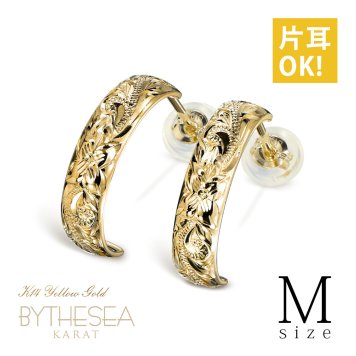 ハワイアンジュエリー フープピアス ピアス イエローゴールド Mサイズ 半円 三日月 ハーフムーン 片耳(1個)購入可 K14 14K シリコンキャッチ シンプル 20G ゲージ BY THE SEA バイザシー メンズ レディース 誕生日 プレゼント ハロウィン 【品番：GE103-15】