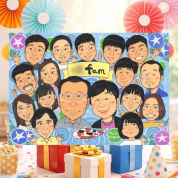 誕生日の記念に、見るたびに思い出が蘇る似顔絵です。 似顔絵 ギフト 大人数 贈り物 名入れ 手描き プレゼント 誕生日 記念日 長寿 お祝い 大人数 ご家族 孫 祖父母 世代 下書き確認 名入れ 修正無料 かわいい そっくり 一生もの 実績多数 宝物 集合 大人数 全員 おしゃれ 家族 お祝い返し 快気祝い 喜寿祝い 闘病中の方への励まし 応援 結婚祝い 傘寿祝い カラフル 大量注文 ハロウィン
