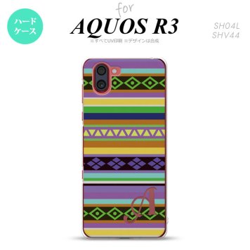 SH-04L SHV44 R3 AQUOS R3 スマホケース カバー エスニック ボーダー 紫 +アルファベット nk-r3-1564i