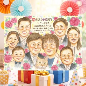 結婚40周年のお祝いに、特別な日にぴったりの似顔絵。 プレゼント 結婚記念日 似顔絵 名入れ 贈り物 手描き ギフト 結婚40周年 ルビー婚式 お祝い 記念 大人数 家族 ご両親 ご夫婦 名入れ 下書き確認 修正無料 一生もの そっくり かわいい 喜ばれる 宝物 一生もの ルビー婚式 40周年 感謝 披露宴 初任給 ハロウィン 二次会 快気祝い クリスマス 贈答品 イラスト オリジナル 同窓会