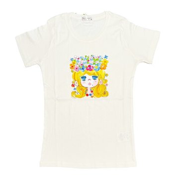 水森亜土 お花の少女柄 オーガニックコットン半袖Tシャツ(L) ホワイト アパレル