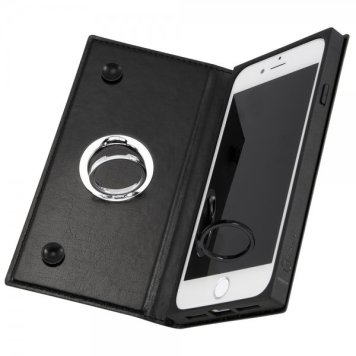 手帳型 耐衝撃レザーケース KAKU リング付360 ピタッとカバー ブラック / ブラック ※送料無料(ポスト投函)