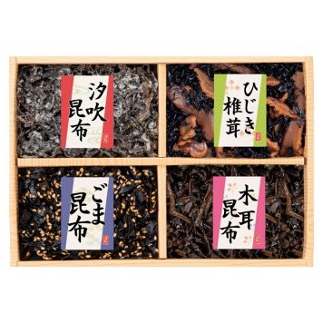 実りの秋の贈り物 風味彩々 4品佃煮詰合せ 廣川昆布 セット内容/汐吹昆布（20g）･ごま昆布･ひじき椎茸（各45g）･木耳昆布（50g）×各1