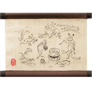 タペストリー 麻100％ 鳥獣戯画 ただいま UN-h-388　45×35cm 日本製  壁掛け 和 掛け軸 ロング 夏麻 おしゃれ