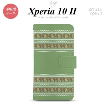 Xperia10 II 手帳型 スマホケース 全面印刷 おしゃれ ストラップホール有り エスニック ゾウ モスグリーン nk-004s-xp102-dr693