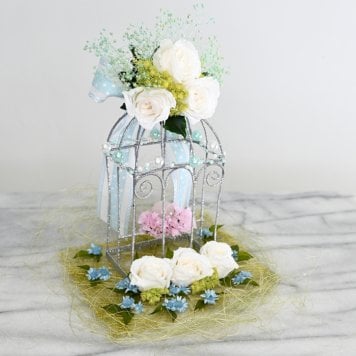 【最後の1点】蒼風のとりかご ― 白薔薇と六つの祈り ―　プリザーブドフラワー　ドライフラワー 水晶　お祝い 　飾り　ウェディング